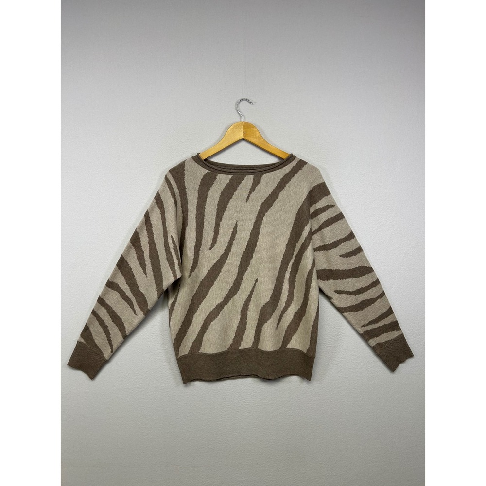 Animal Print Tahari Womens XS Tan Brown Zebra‎ Crewneck Knit Wool Blend Sweater